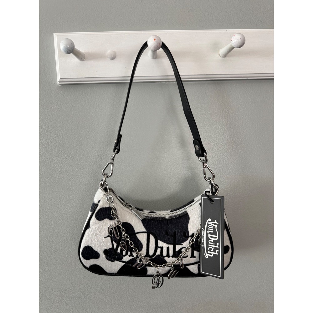 Von Dutch Cow Print Baguette Shoulder Bag Black White Faux Fur VDSB-2067BLK NWT - Picture 3 of 6